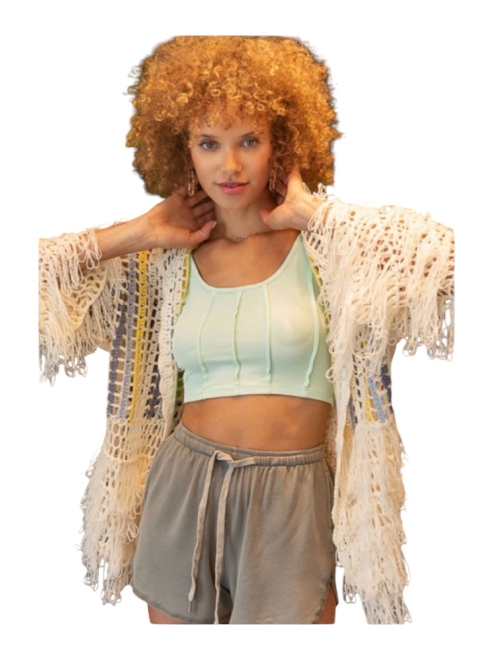 POL Crocheted Open-Front Shrug in Cream with Pink, Yellow & Brown Stripes